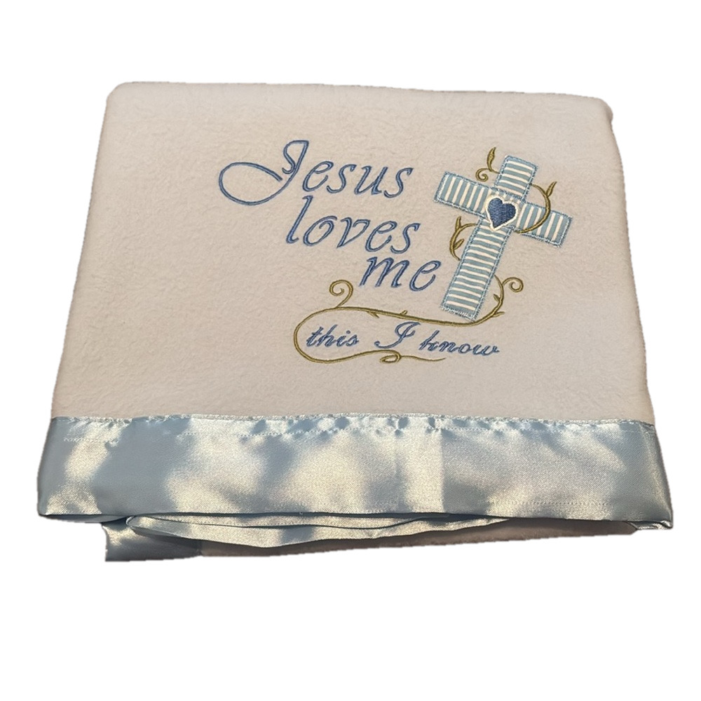 Izzy Blue Baby Blanket Satin Edges Jesus Loves Me This I Know